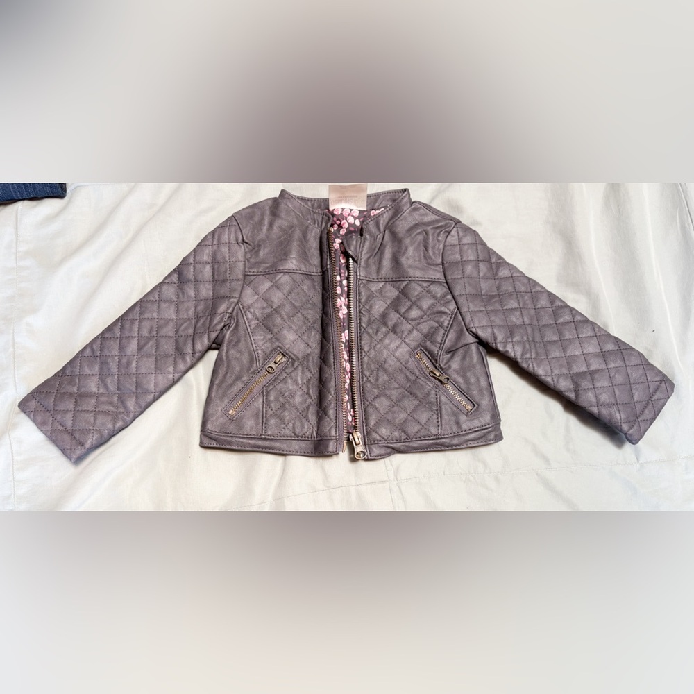 OshKosh B'gosh Quilted Gray Jacket Pink Floral Lining Size 12 Months EUC Unused